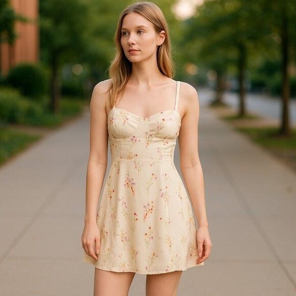 Backyard Roses Floral Mini Dress Tie Straps Sweetheart Neckline Sz M - Picture 1 of 2